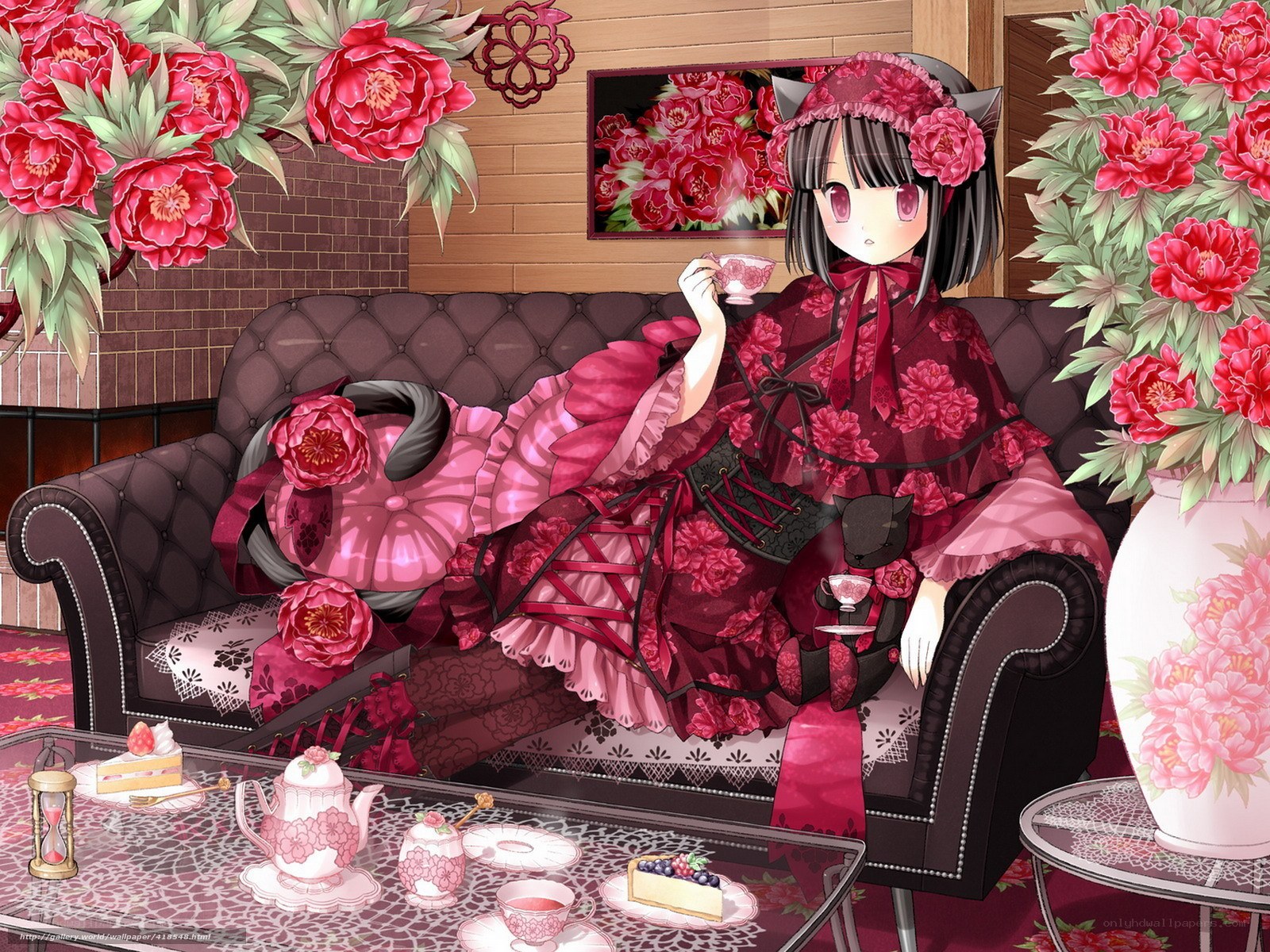 Anime girl with tea and flowers