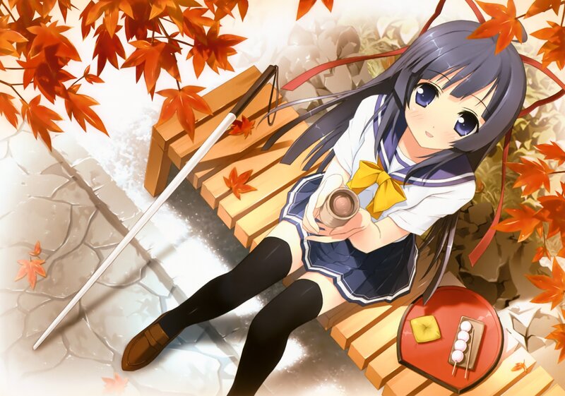 Anime girl with tea in autumn