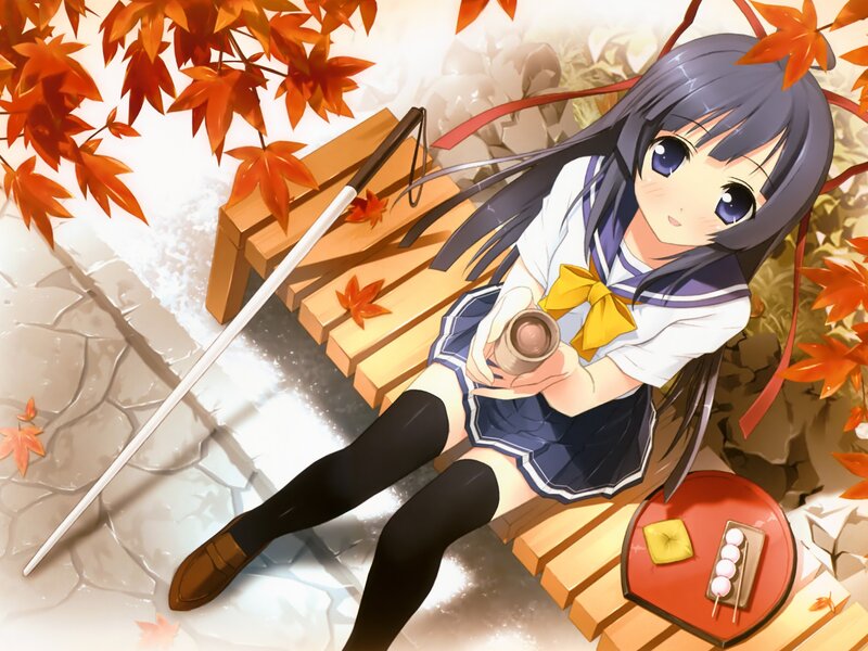 Anime girl with tea in autumn