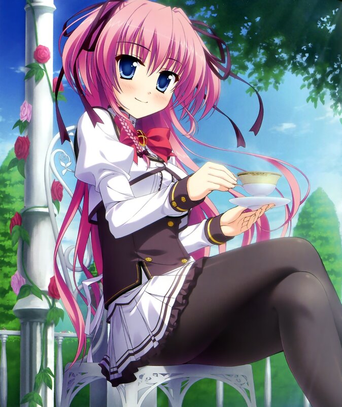 Anime girl with tea in garden