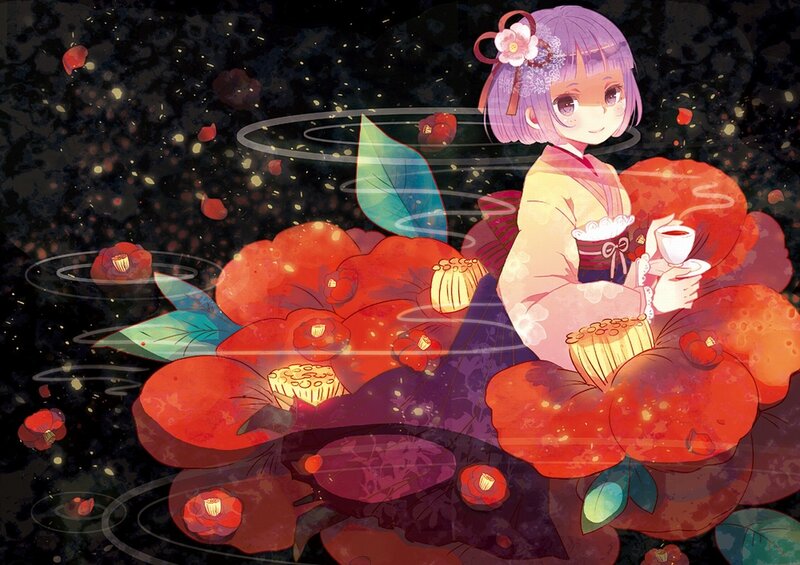anime girl with tea in garden