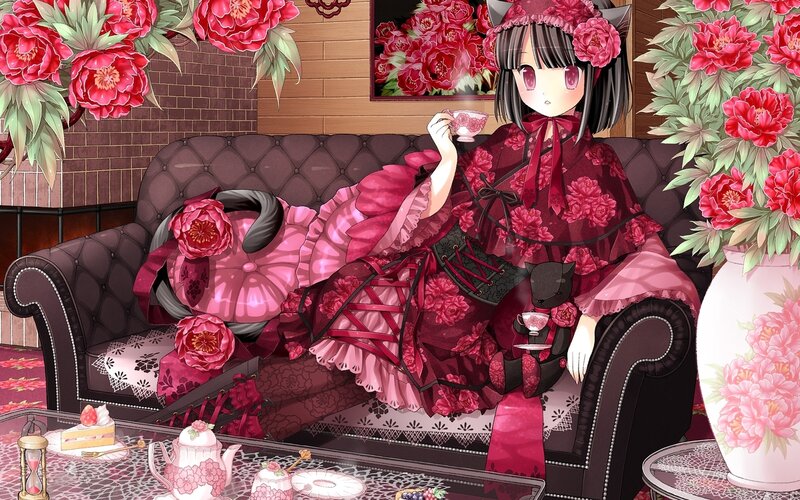 anime girl with tea party