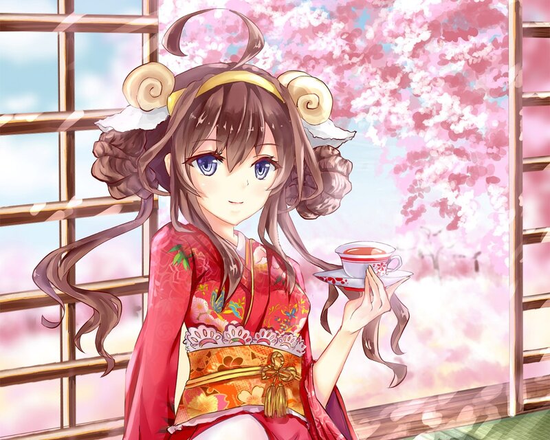 Anime Girl with Tea — Pink, Serene