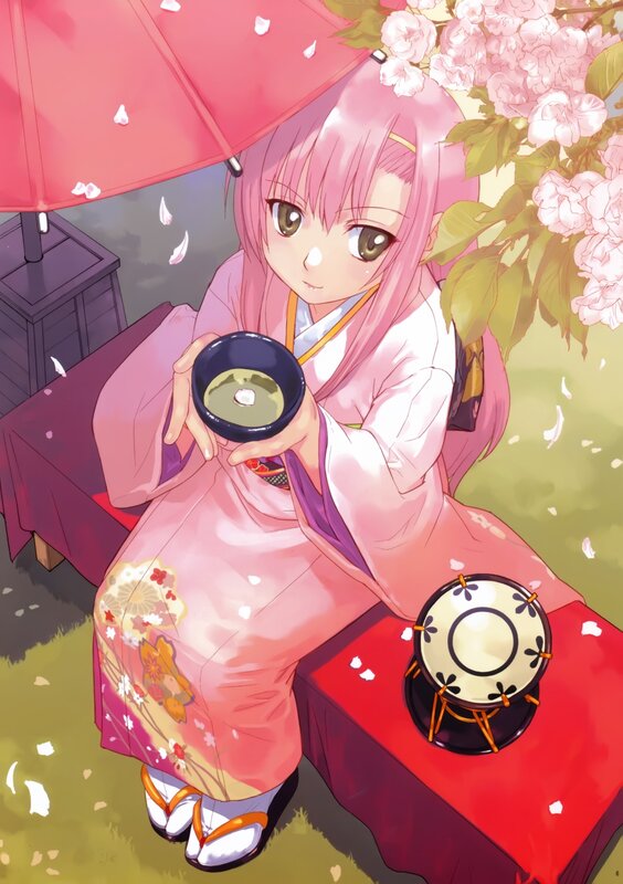 Anime girl with tea under cherry blossoms