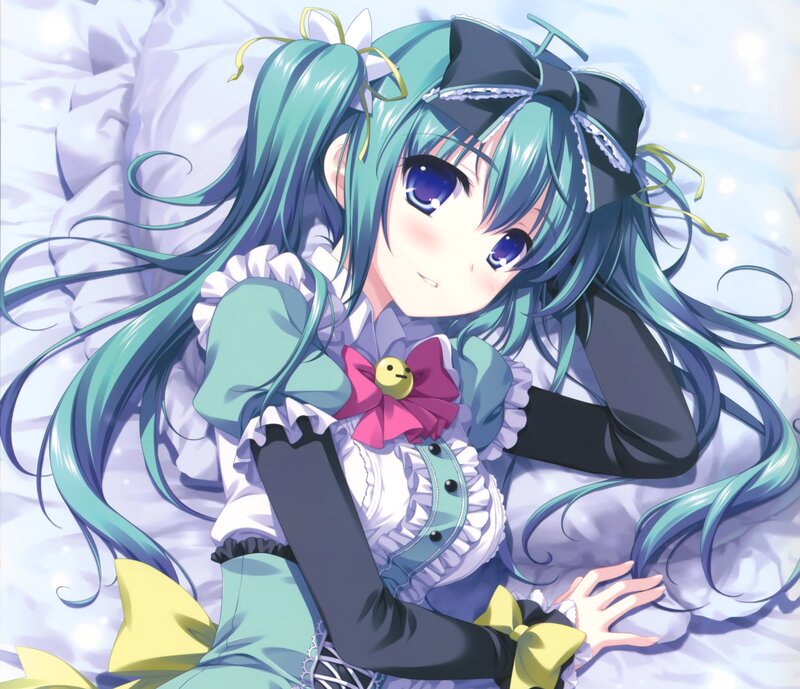 Anime Girl with Teal Hair — Calm, Digital Art, Bed