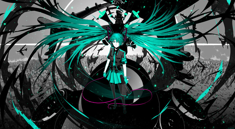 Anime Girl with Teal Hair — Dramatic, Digital Art, Airplanes, Cityscape