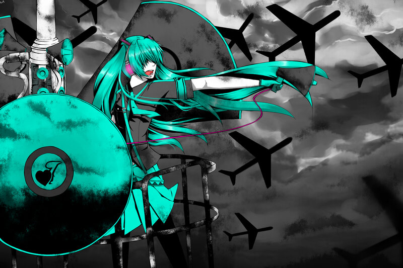 Anime Girl with Teal Hair — Dramatic, Digital Art, Airplanes, Shield, Mechanical Structure