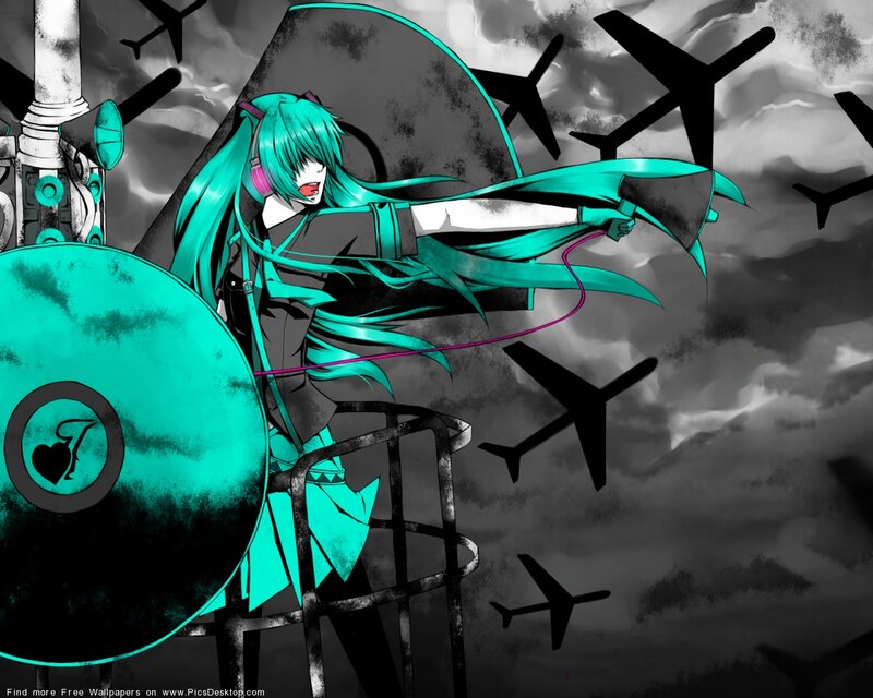Anime Girl with Teal Hair — Dramatic, Digital Art, Airplanes, Shield