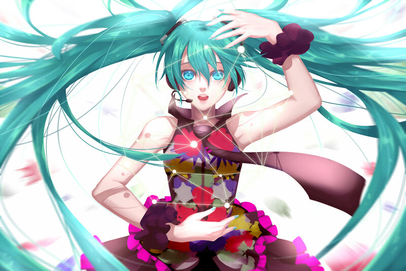 Anime Girl with Teal Hair — Dynamic, Digital Art, Microphone, Flowers
