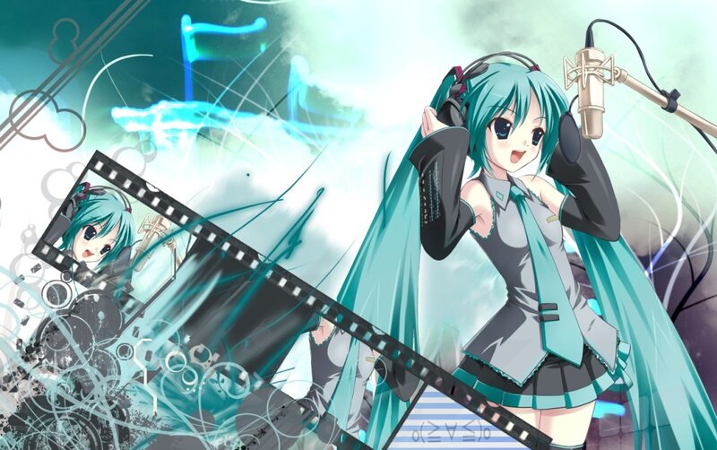 Anime Girl with Teal Hair — Energetic, Digital Art, Microphone
