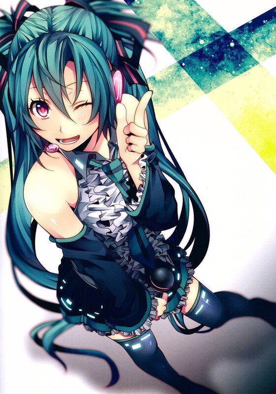 Anime Girl with Teal Hair — Playful, Microphone