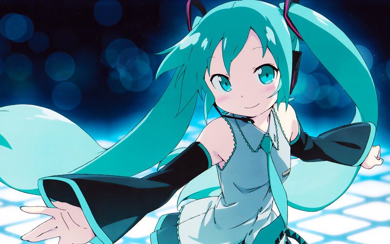 Anime Girl with Teal Hair — Playful, Night, Microphone