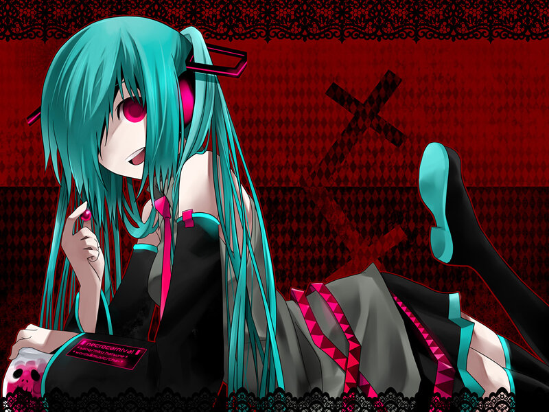 Anime Girl with Teal Hair — Red, Dramatic, Digital Art, Skull