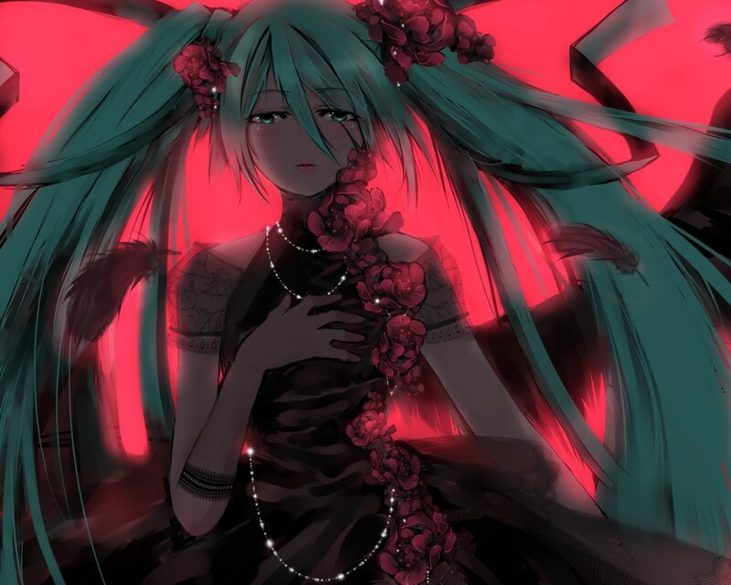 Anime Girl with Teal Hair — Red, Dramatic