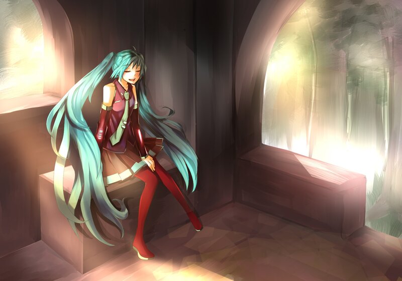 Anime Girl with Teal Hair — Serene, Afternoon, Digital Art