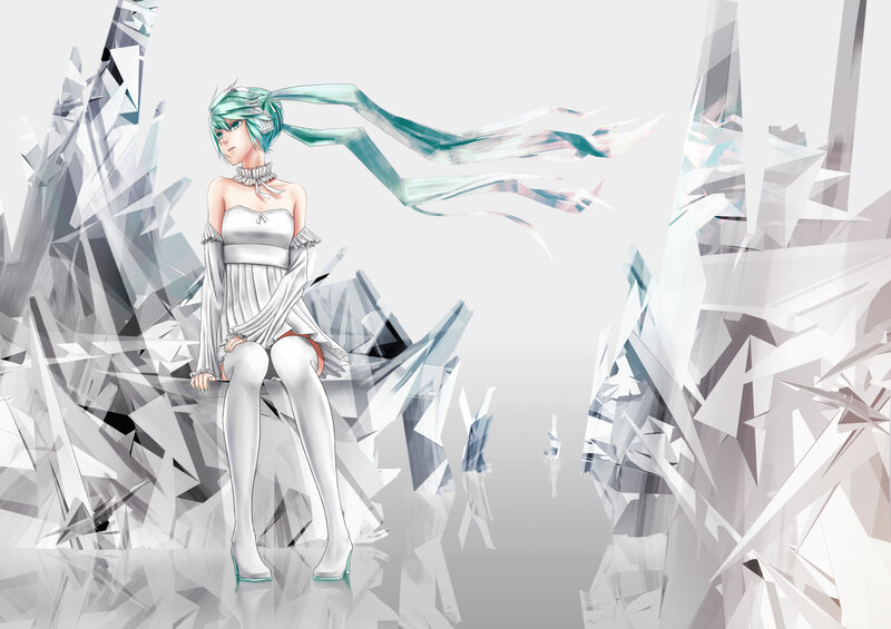 Anime Girl with Teal Hair — White, Serene