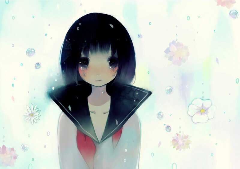 anime girl with tears and flowers