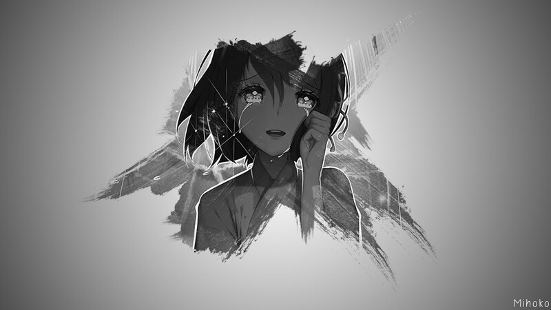 Anime Girl with Tears — Black, Dramatic, Digital Art
