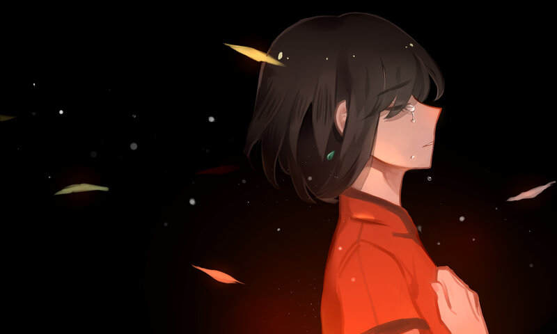 Anime Girl with Tears — Black, Melancholic, Night, Digital Art