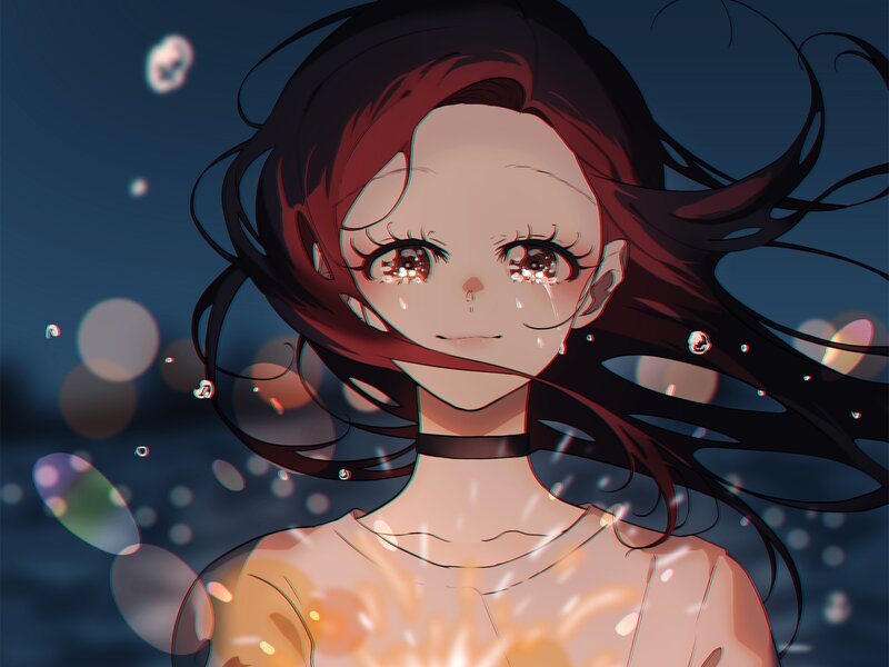 Anime Girl with Tears — Blue, Dramatic, Night