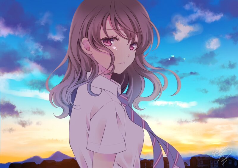 Anime Girl with Tears — Blue, Dramatic, Sunset