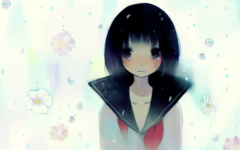Anime Girl with Tears — White, Melancholic, Digital Art