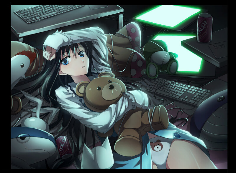 Anime Girl with Teddy Bear — Black, Calm