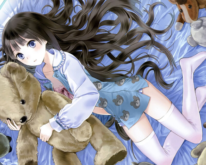 Anime Girl with Teddy Bear — Blue, Calm, Manga, Teddy Bear