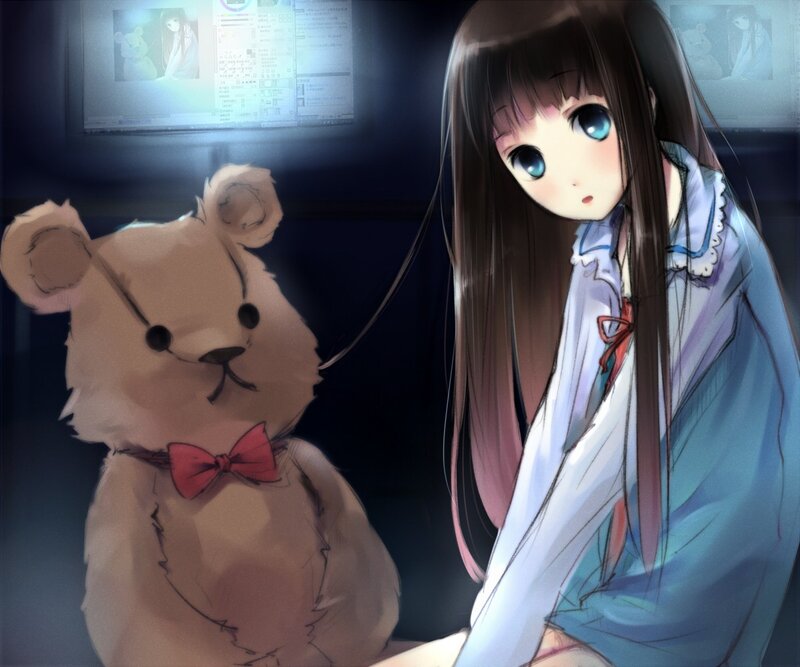 Anime Girl with Teddy Bear — Blue, Calm, Night