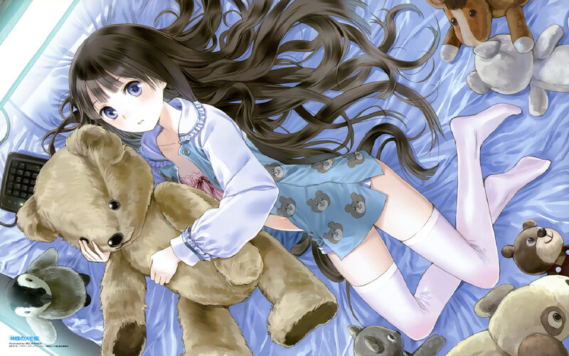 Anime Girl with Teddy Bear — Blue, Calm