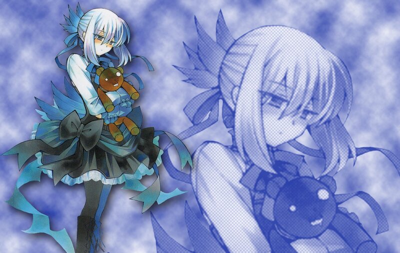 Anime Girl with Teddy Bear — Blue, Dreamy, Teddy Bear, Skirt
