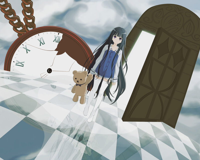 Anime Girl with Teddy Bear — Blue, Dreamy