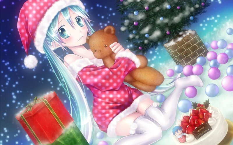 Anime Girl with Teddy Bear — Blue, Festive