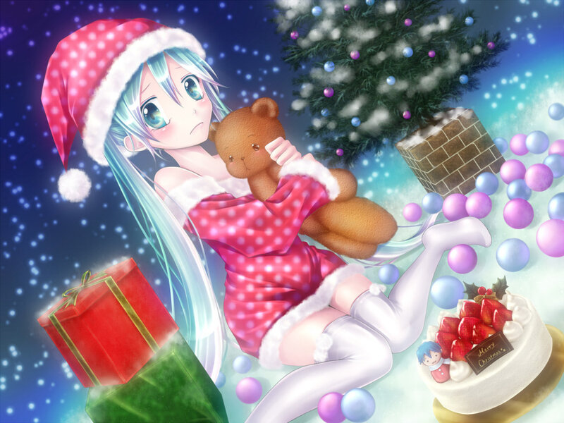 Anime Girl with Teddy Bear — Blue, Festive, Winter