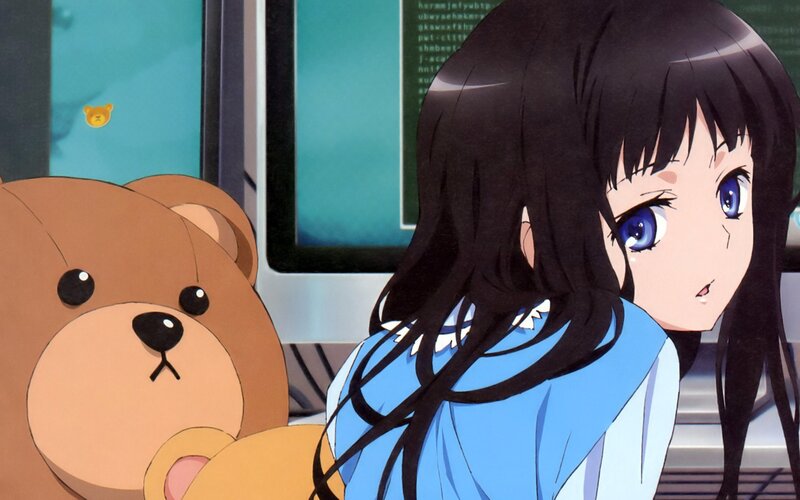Anime Girl with Teddy Bear — Blue, Sad