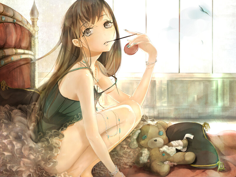 Anime Girl with Teddy Bear — Brown, Calm