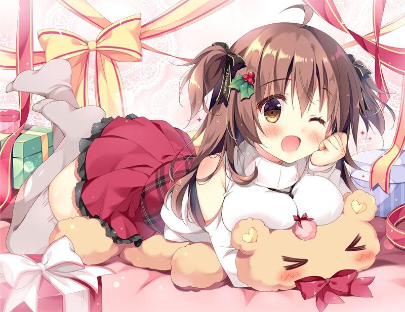 Anime Girl with Teddy Bear — Pink, Festive