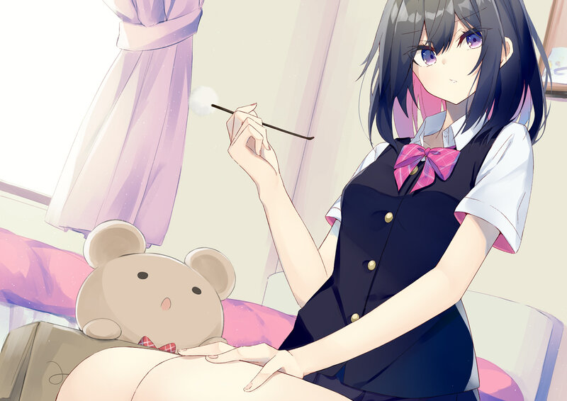 Anime Girl with Teddy Bear — Purple, Calm, Morning