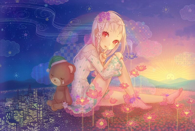 Anime Girl with Teddy Bear — Purple, Dreamy, Sunset, Digital Art
