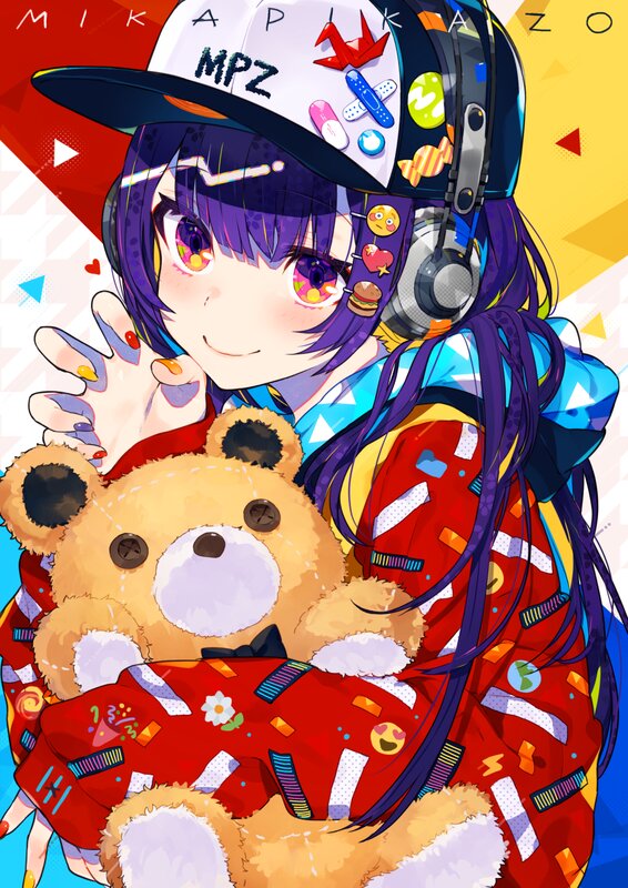 Anime Girl with Teddy Bear — Purple, Playful