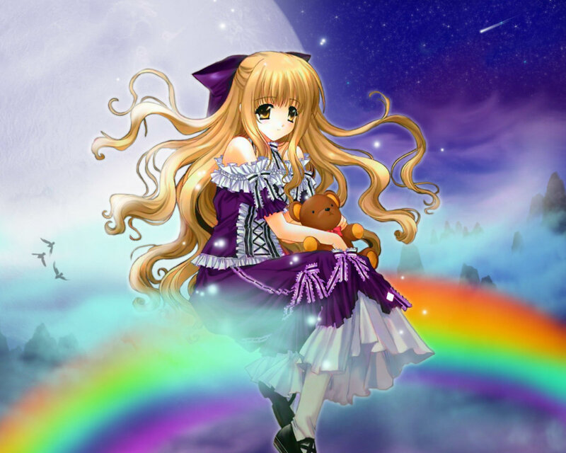 Anime Girl with Teddy Bear — Purple, Serene