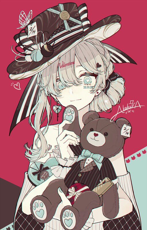 Anime Girl with Teddy Bear — Red, Cute