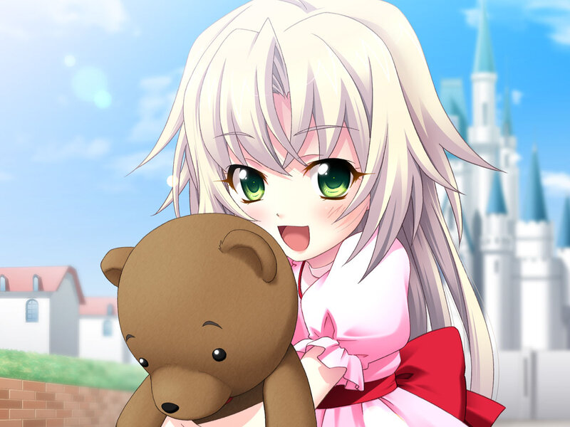 Anime Girl with Teddy Bear — White, Cheerful
