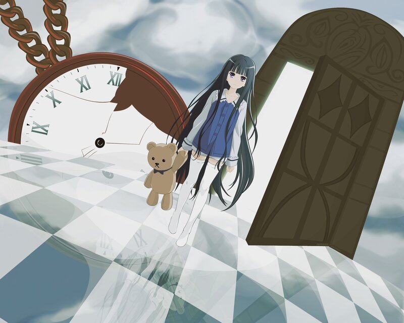 Anime Girl with Teddy Bear — White, Dreamy