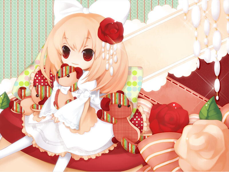 Anime Girl with Teddy Bears — White
