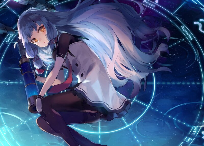 Anime Girl with Telescope — Blue, Serene, Night, Digital Art