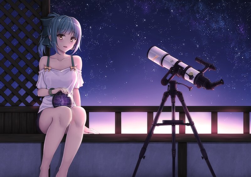Anime Girl with Telescope — Purple, Serene, Night