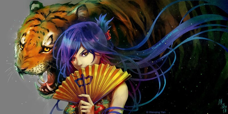Anime girl with tiger and fan