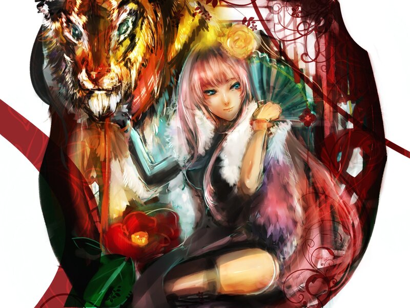 anime girl with tiger and fan