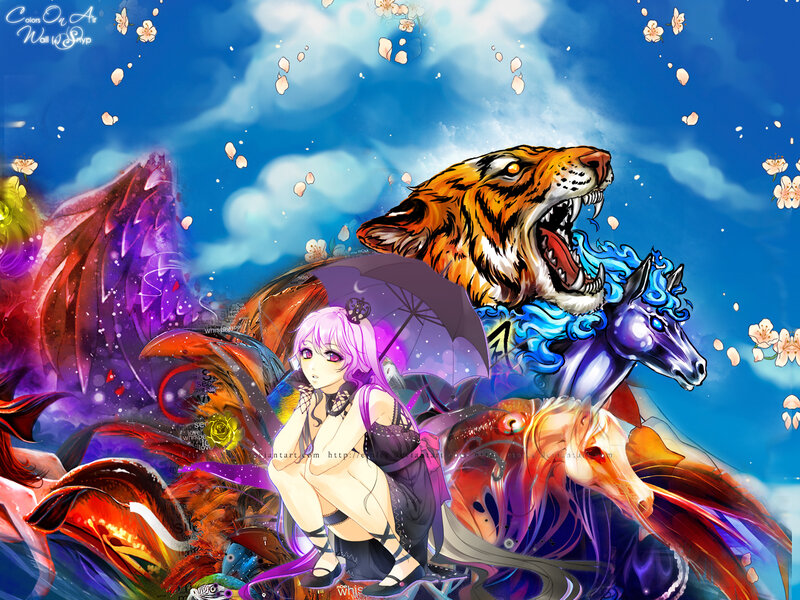 anime girl with tiger and horses